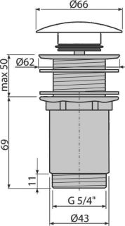 Донный клапан для раковины AlcaPlast клик-клак 5/4" цельнометаллический с большой белой заглушкой A395B