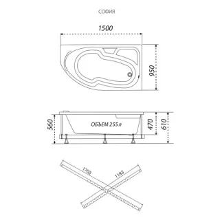 Акриловая ванна Triton София Щ0000067489 правая 150x95 см на Х-каркасе белый