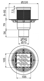 Сливной трап AlcaPlast 105 ? 105/50/75 решетка - хром APV202