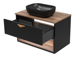 Подвесная тумба под раковину Brevita Bergen BER-07080-19-02-1Я с подсветкой 80см дуб Галифакс олово/чёрный