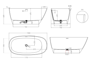 Ванна из искусственного камня Salini Sofia S-Stone 102528MRH 150x75см RAL снаружи