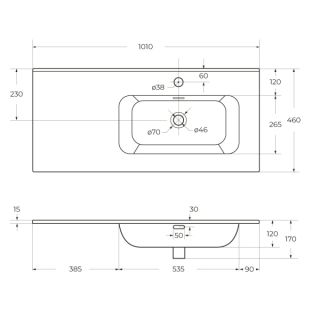 Раковина керамическая чаша справа CEZARES 100 см, CZR-8095-100-R белый