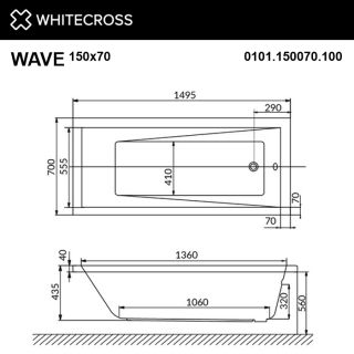 Гидромассажная ванна WHITECROSS Wave 0101.150070.100.LINENANO.CR 150x70 см Line Nano хром