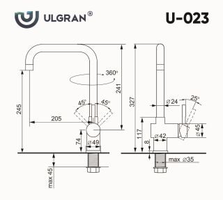 Смеситель для кухни Ulgran Classic U-023-344 с высоким поворотным изливом ультра-чёрный