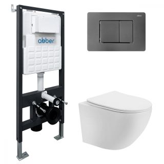 Комплект подвесной унитаз ABBER Bequem AC1100T белый с инсталляцией AC0105 и кнопкой AC0120NG никель