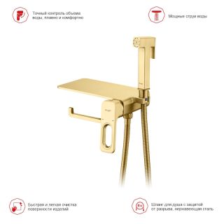 Гигиенический душ со смесителем Raglo R51.55.03 с полкой и бумагодержателем золотой сатин