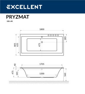 Ванна акриловая EXCELLENT Pryzmat Slim 180x80