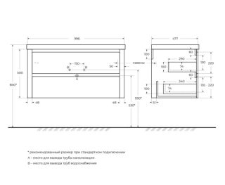 База под раковину Cezares подвесная с двумя выкатными ящиками, Брашированное золото, 996x478x500, RELAX-1000-2C-SO-BORO-P