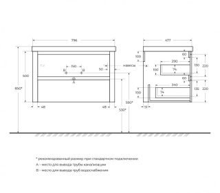 База под раковину Cezares подвесная с двумя выкатными ящиками, Оружейная сталь, 796x478x500, RELAX-800-2C-SO-GM