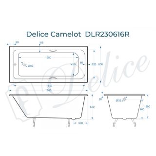 Ванна чугунная Delice Camelot DLR230616R-AS 180х80 сс отверстиями под ручки и антискользящим покрытием