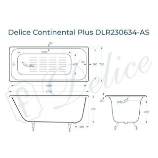 Ванна чугунная Delice Continental PLUS DLR230634-AS с антискользящим покрытием 170х70 см