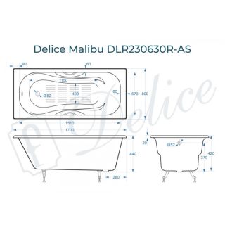 Ванна чугунная Delice Malibu DLR230630R-AS 170х80 с отверстиями под ручки и антискользящим покрытием
