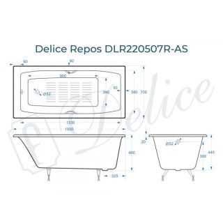 Ванна чугунная Delice Repos DLR220507RB-AS 150х70 с черными матовыми ручками